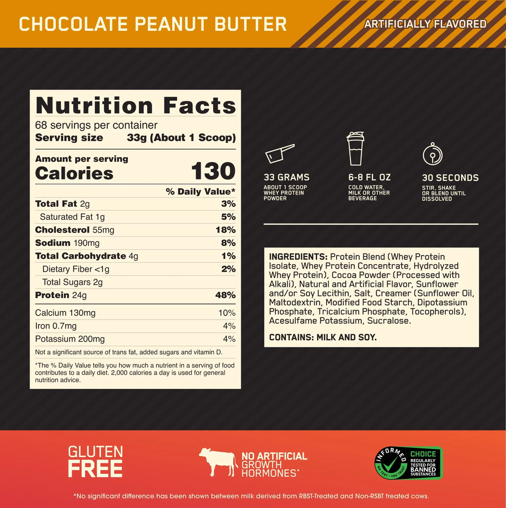 Peanut Chocolate Standard Butter, Whey Powder, Nutrition, 100% 5 Optimum Protein lb, Gold Servings 68