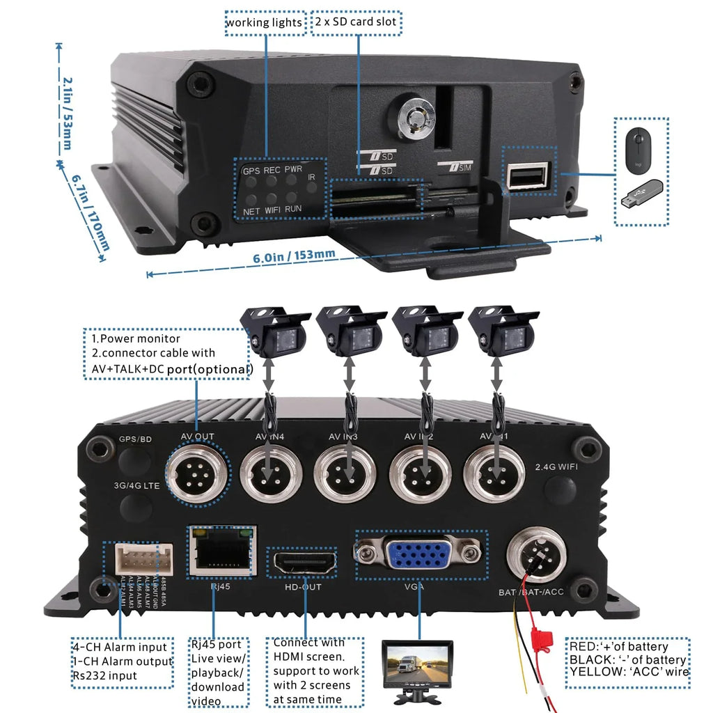 10 Mobile DVR 2.0MP View with Car Night Video Screen H.264 Side Recorder Waterproof JOINLGO MDVR Car Rear 1080P inches AHD Vision Front Channel 4 Kit Vehicle Camera