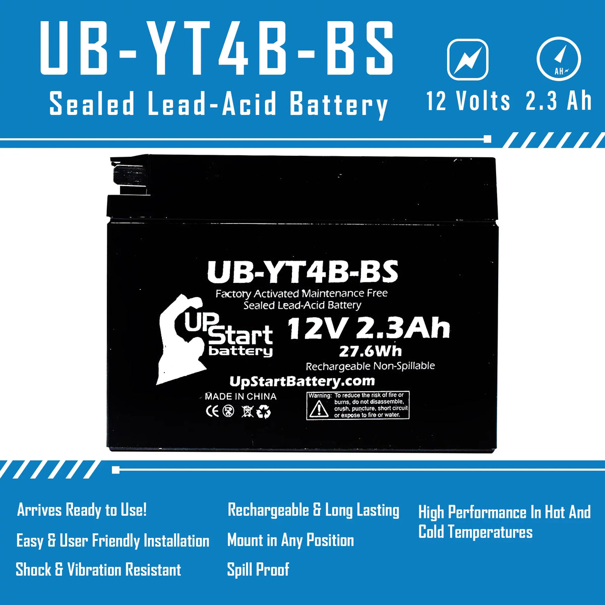 12V, Activated, - SR400 Replacement 2-Pack UB-YT4B-BS UpStart 2.3Ah, Free, 2006 Battery Battery Yamaha 400CC Factory Maintenance Motorcycle