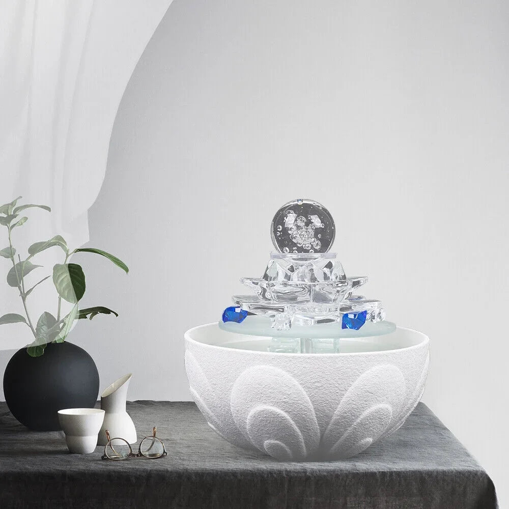 Lotus Fountain Waterfall White Fountain, Crystal Teahouse Fountain Office Tabletop Decor liquid Ornament Desktop liquid Desktop Flowing