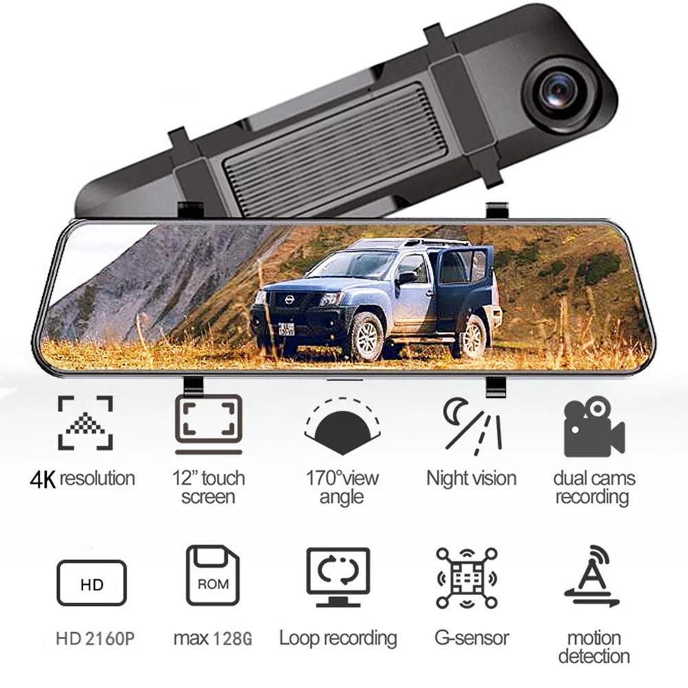 WiFi G·PEH Cam US 12" Mirror Dual Dash RearView Backup Car GPS Voice 4K Control