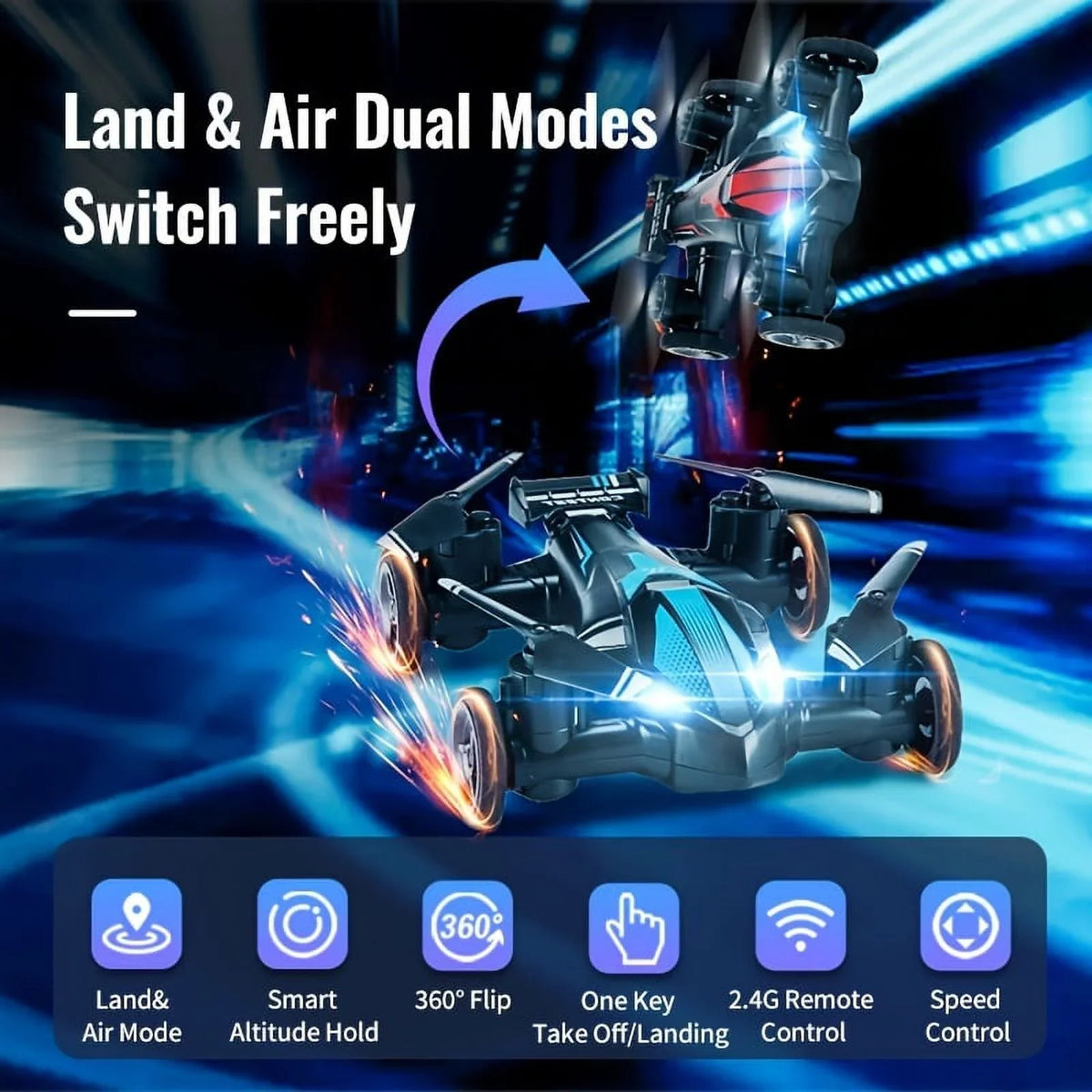 Dual-use Height Unmanned Stable And High-speed Land Setting, Drone Intelligent Gift Air For RC Four-axis And Drone Toy Low-speed Car Flight, Switch Toys