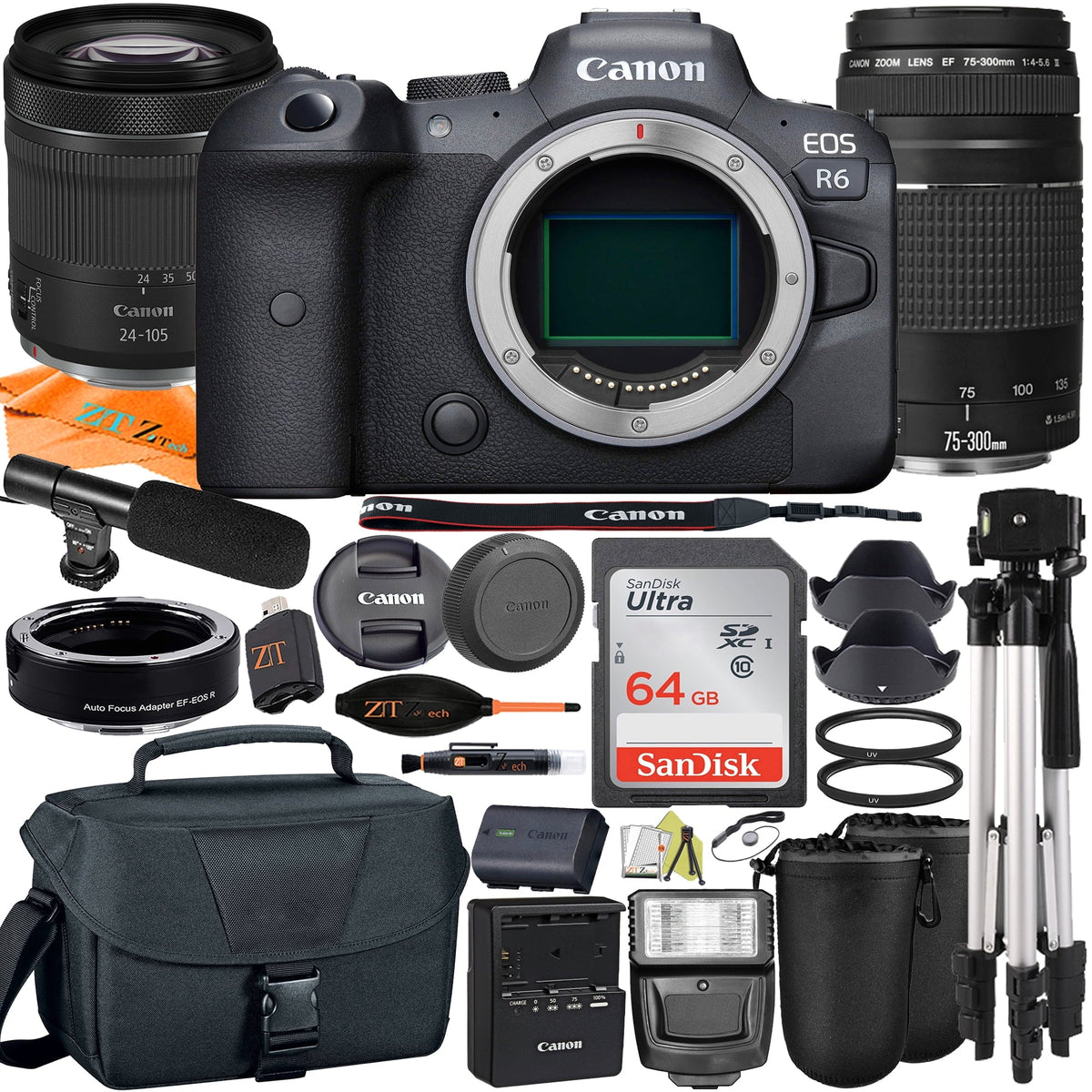 RF + Adapter R6 Lens Mount + Camera Canon + 64GB + Mirrorless ZeeTech 24-105mm Digital 75-300mm with SanDisk EOS Accessory STM