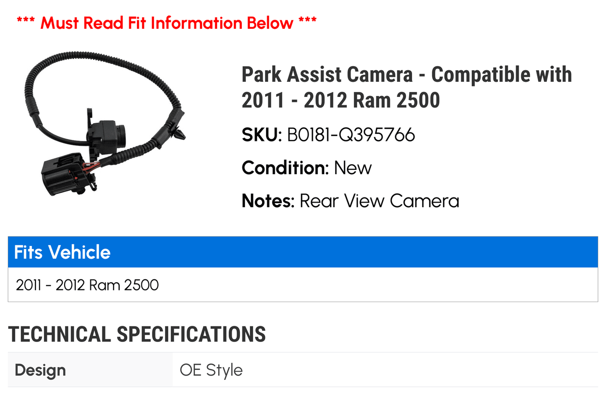 Assist 2012 Ram with Park 2500 Compatible - - Camera 2011
