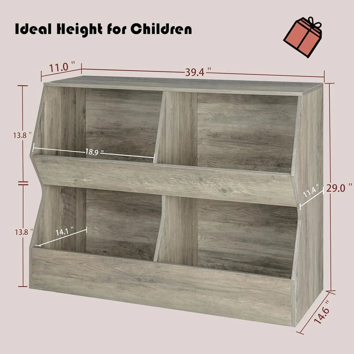 Organizer, Toy for Storage Long, Bedroom, Gray Wooden Book Toy Cubby Toy Toddler Bookcase, 39.4" Kids Nursery, Wash 4 , JIAH Hallway, Children School, Shelf Cabinet, Storage