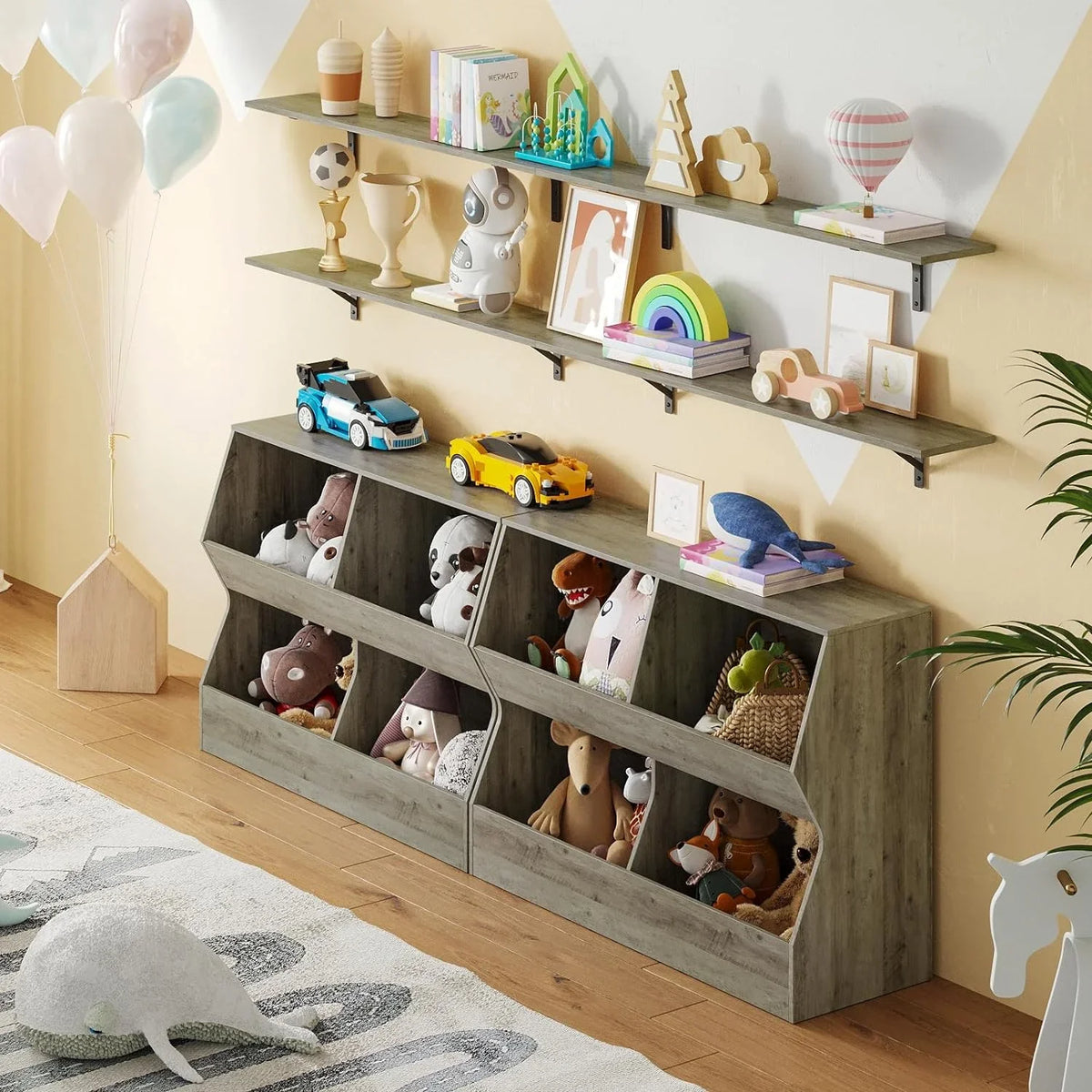 Organizer, Toy for Storage Long, Bedroom, Gray Wooden Book Toy Cubby Toy Toddler Bookcase, 39.4" Kids Nursery, Wash 4 , JIAH Hallway, Children School, Shelf Cabinet, Storage
