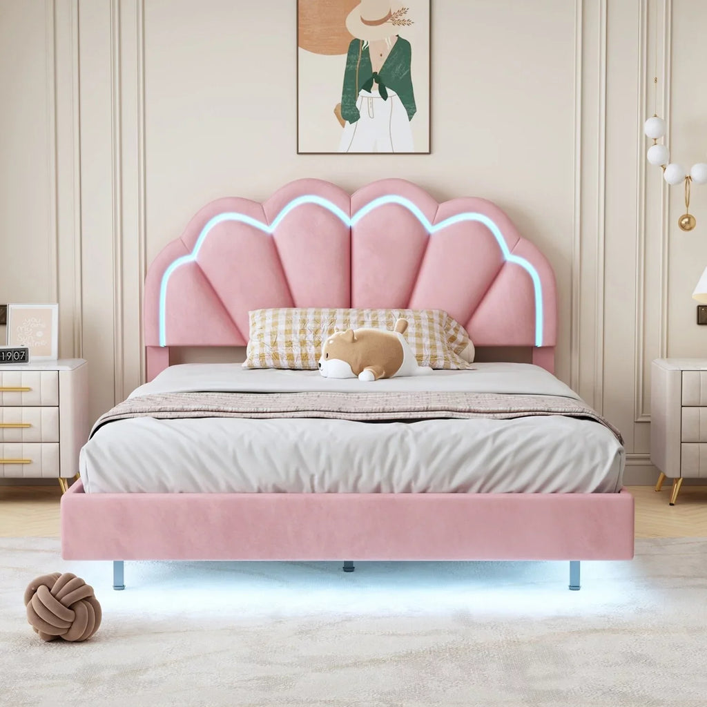 Smart Full Platform Bed Wooden with LED Slats dimension Support Beige