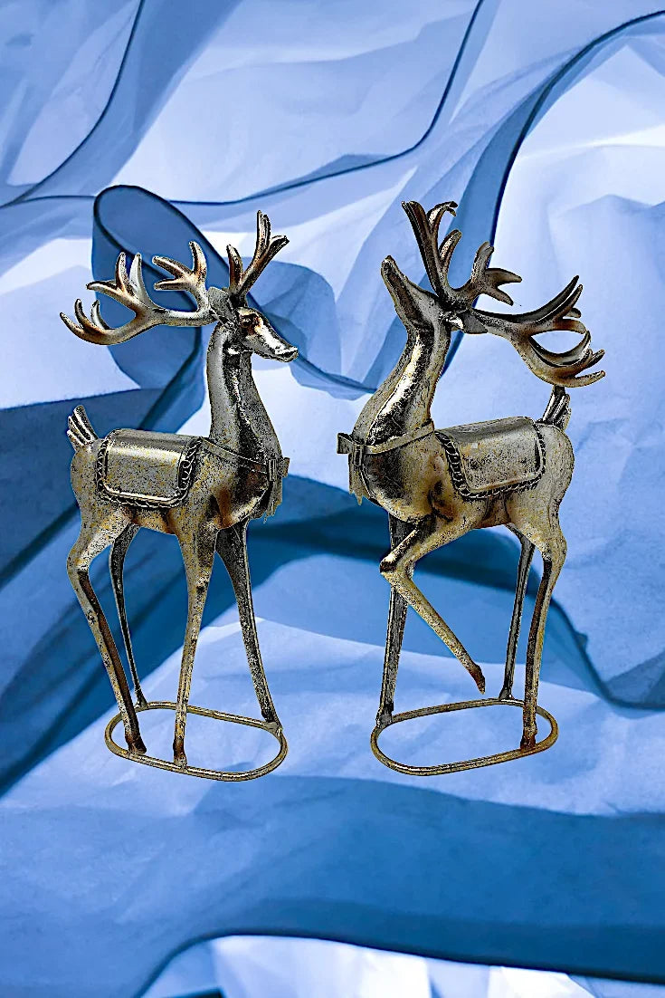 Office Fireplace Reindeer Home Room Color 16" Figurines Glitter Standing Decor Christmas Metal Statue Holiday Tabletop Champagne x 8" S/2