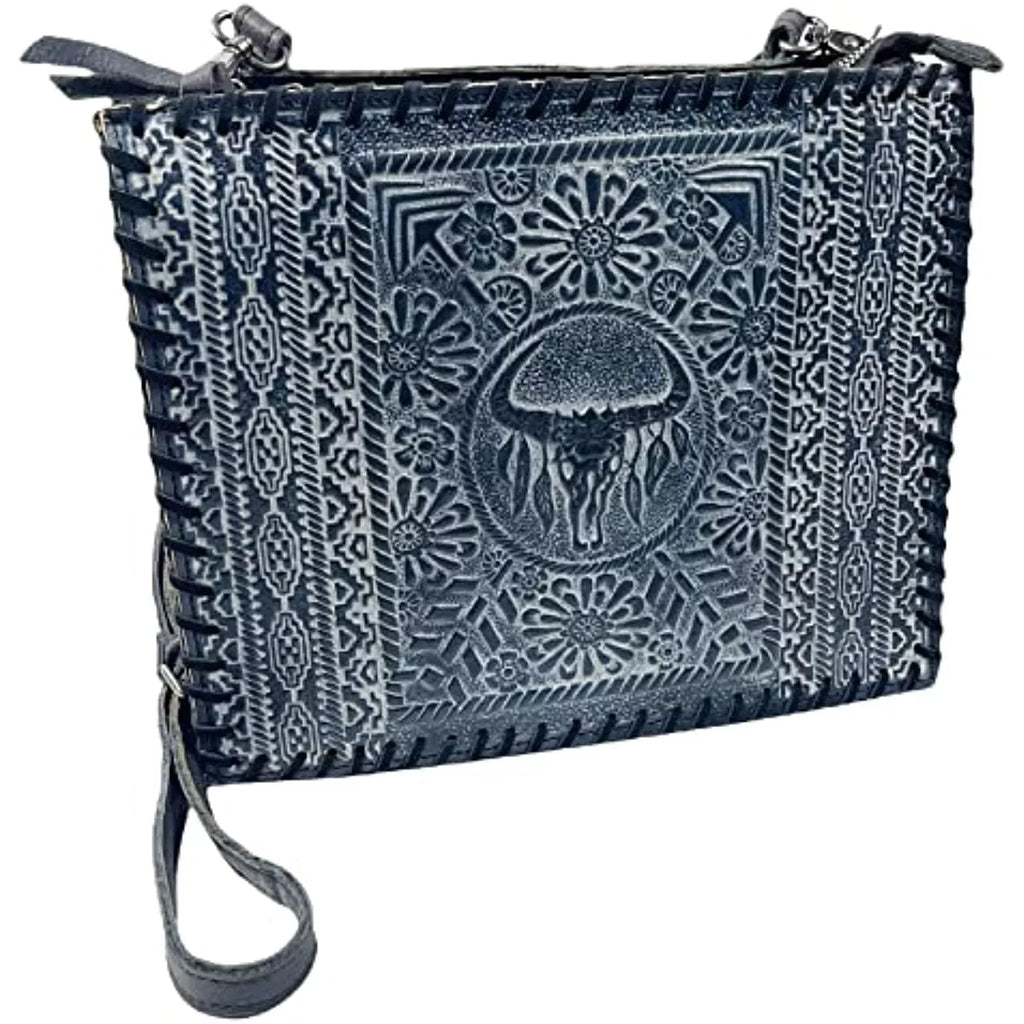 Purse Tooled Skull Crossbody Genuine Large Leather (Blue) Tote Bag Western Cow Urbalabs Longhorn Hand Stitched Handbag