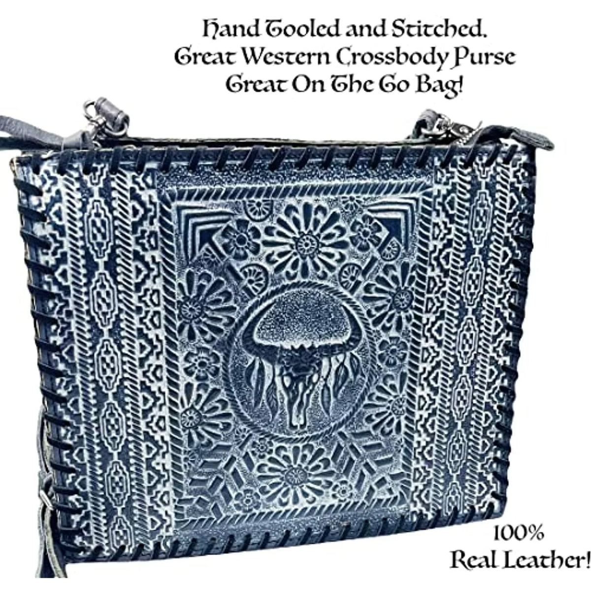 Purse Tooled Skull Crossbody Genuine Large Leather (Blue) Tote Bag Western Cow Urbalabs Longhorn Hand Stitched Handbag
