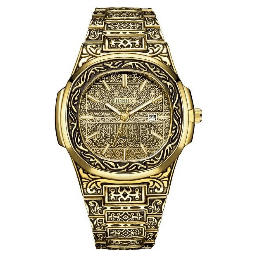 Quartz with Watches Vintage Men Stainless Analogue Gold Strap for Calendar GIFT Wrist Steel Watch