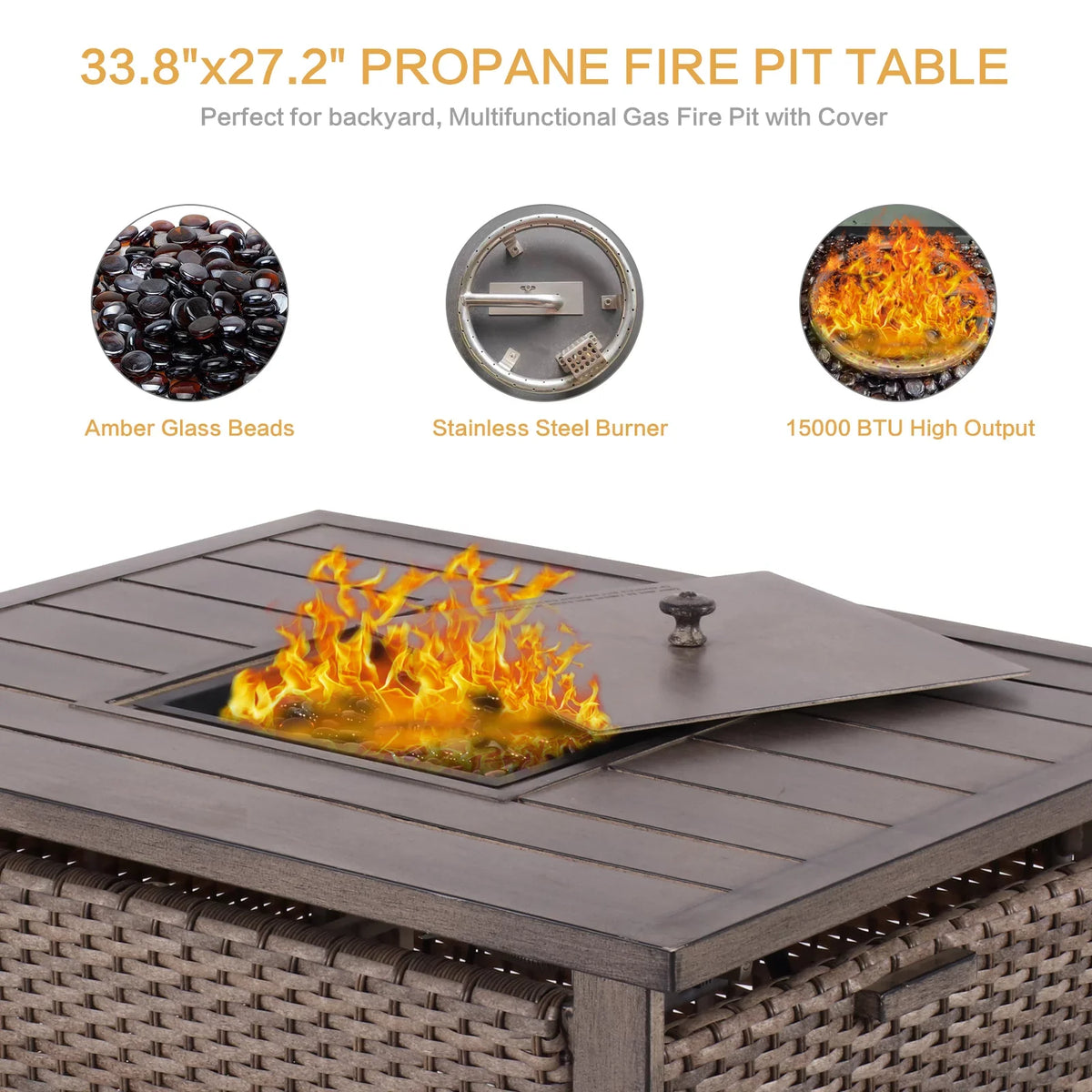 exterior Fire Chairs Propane 5 Set for Set Table, Garden Wicker Conversation Firepit 4 BTU Patio Pit 15000 Motion Gas Piece Deck Yard 33.8"x27.2" Rocking with Furniture All-climate Table, &