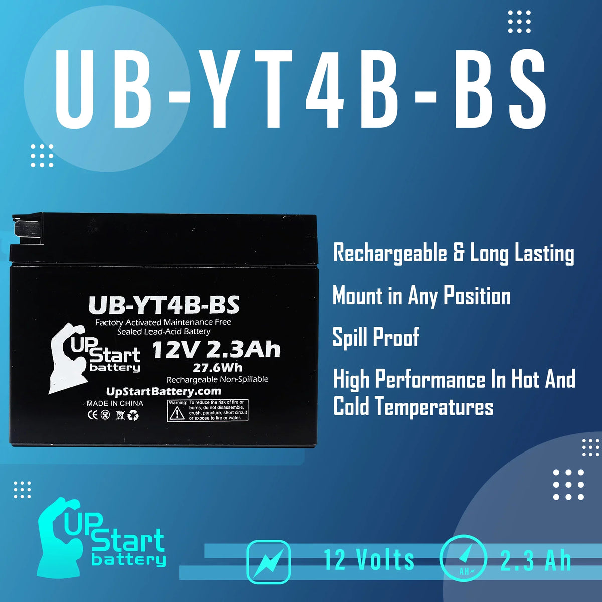 SR400 Battery Maintenance 400CC Free, 12V, for Battery - Activated, 2.3Ah, Replacement UpStart Motorcycle 4-Pack Factory UB-YT4B-BS 2008 Yamaha