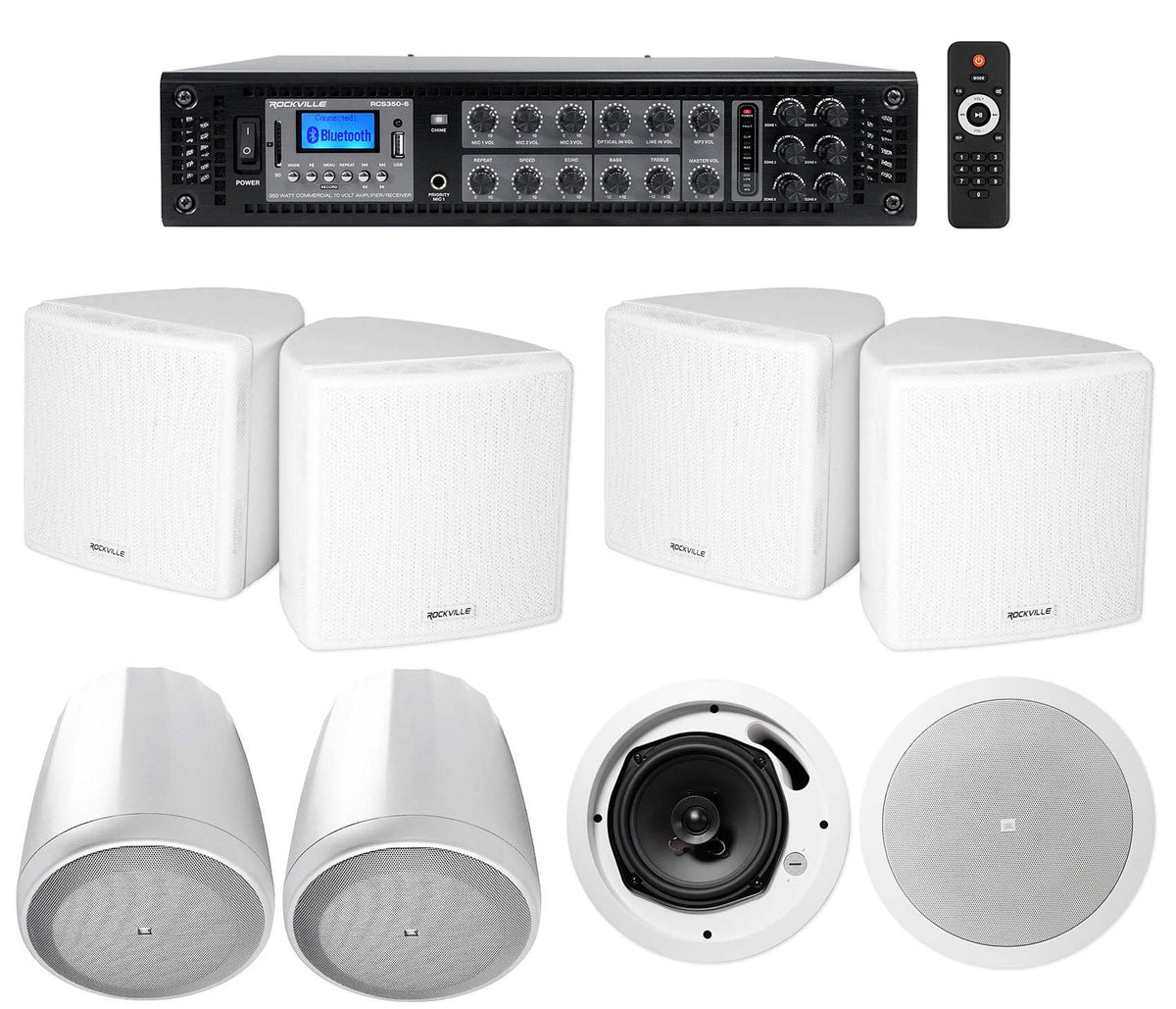 White 6-Zone Pendant+Ceiling Speakers for Restaurant/Bar 3.5" Cube+2) JBL Amp+4)