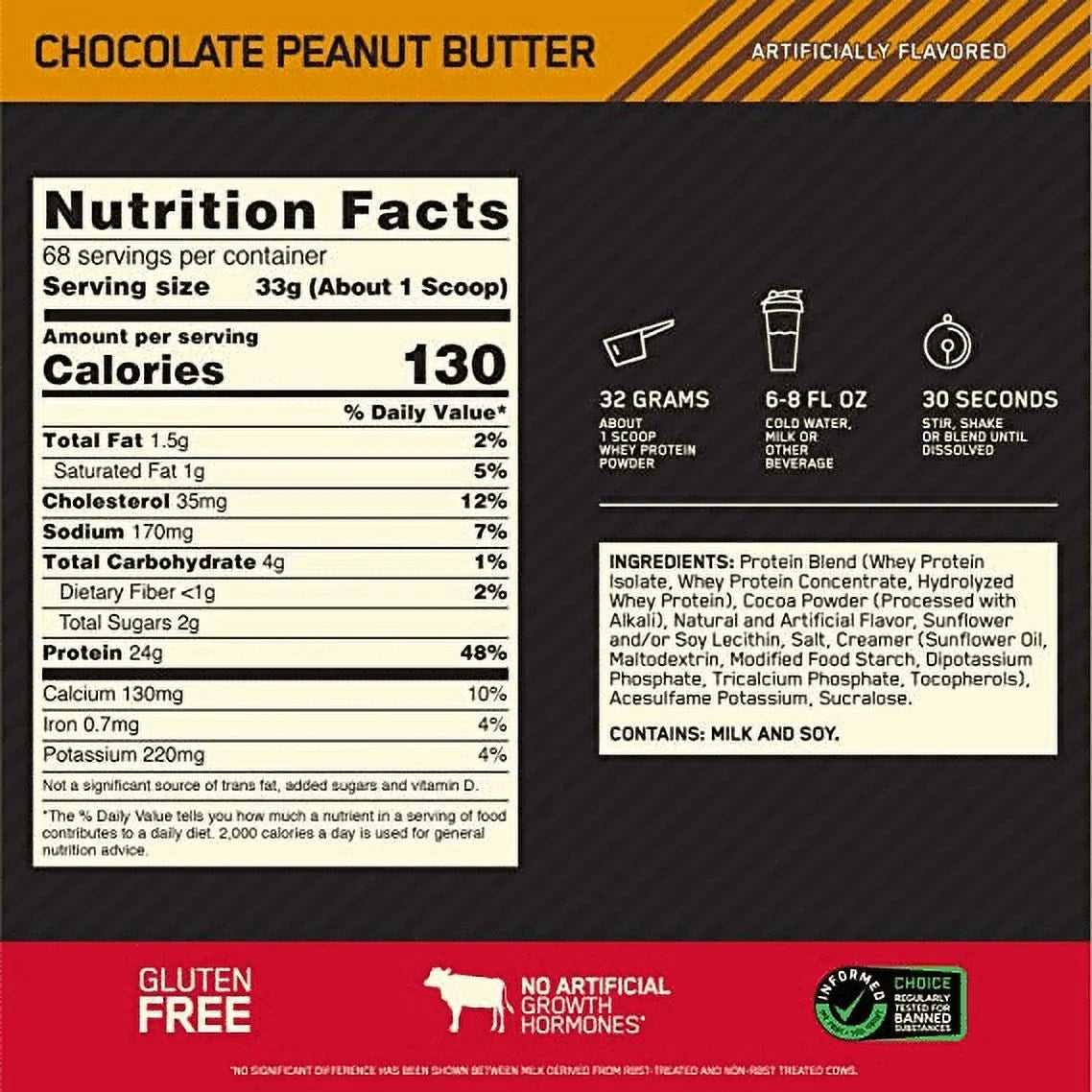 Peanut Chocolate Standard Butter, Whey Powder, Nutrition, 100% 5 Optimum Protein lb, Gold Servings 68