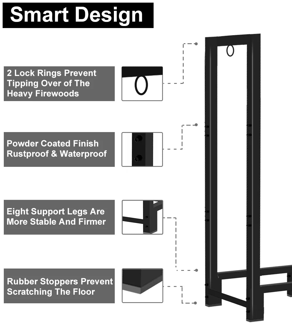 Stacker Wood Log for Stand, Adjustable Storage, exterior 8Ft Fire Fireplace Koutemie Rack Black Firewood Holder